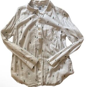 White Button-Up Shirt with Cactus Print